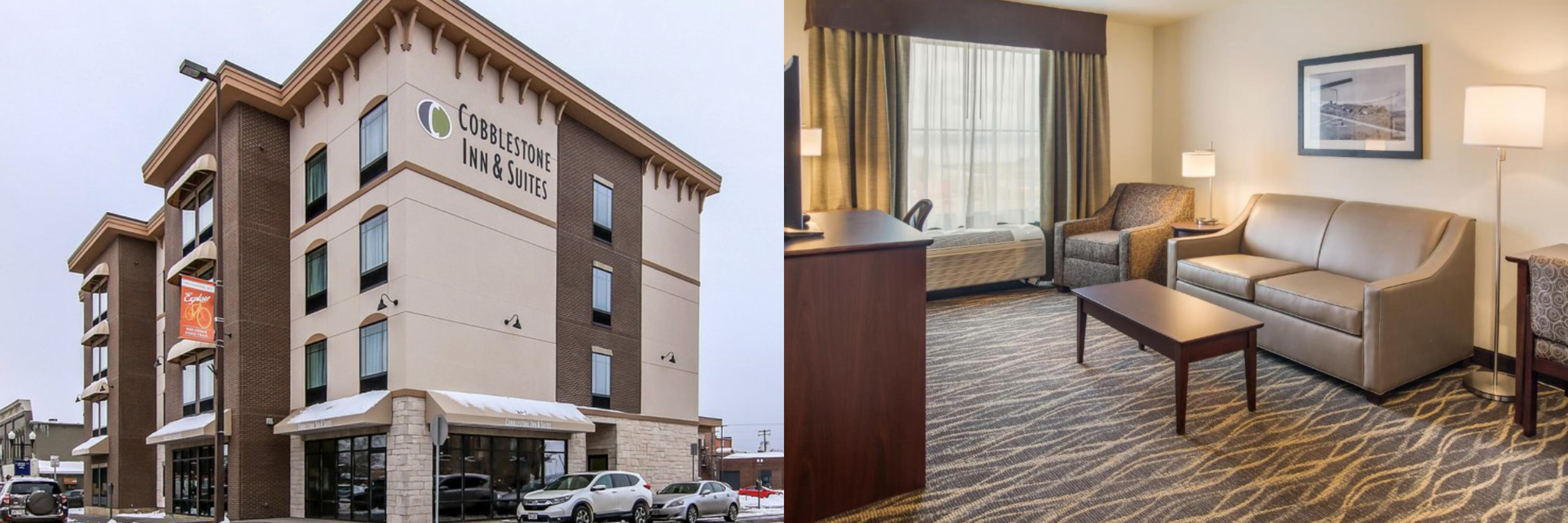 photos of the Cobblestone Inn & Suites in downtown Menomonie, WI